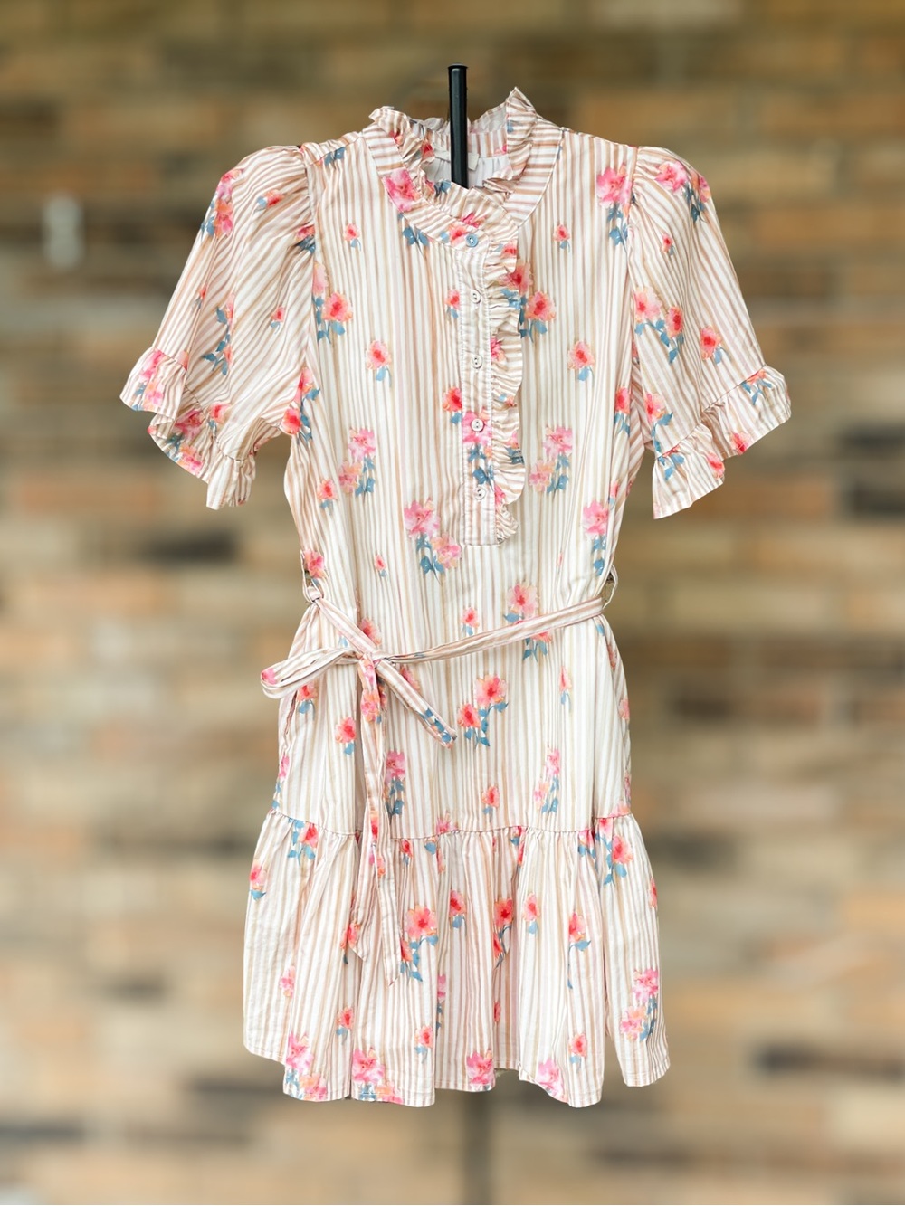 Entro Floral Striped Ruffle Tiered Belted Dress Size Large
